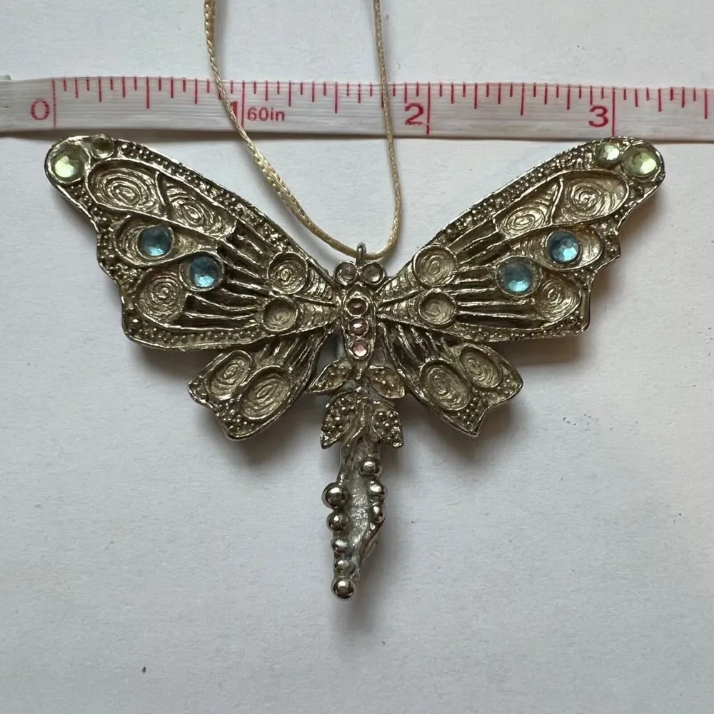 Vintage Silver Dragonfly Ornament with Filigree Work Jeweled Handmade